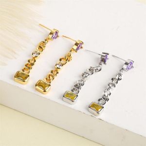 Pendientes de botón Lujo Brillante 18K Cobre Chapado en oro Columpio Cadena de conexión cubana Plata Zirconia cúbica Joyería de mujer