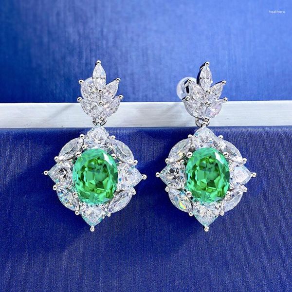 Boucles d'oreilles de luxe en argent 925, bijoux pour femmes, fleur 12 10MM ovale vert Paraiba plein diamant fin pour femme 2023