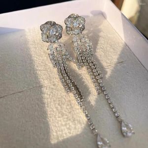 Boucles d'oreilles de luxe couleur argent Zircon fleur balancent gouttes pour les femmes élégant gland longs bijoux coréens