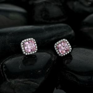 Pendientes de botón de lujo brillante 925 plata esterlina cuadrado diamante rosa para mujer oro blanco Sona regalo de cumpleaños