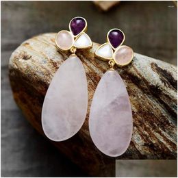 Stud oorbellen Luxe vrouwen Rose Quartz Gold Ploated Stones Crystal Healing Chandelier Party Bold Art Dec -sieraden Femme Heel Dhgarden Dhfpd