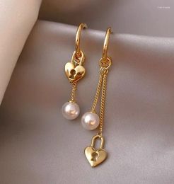 Boucles d'oreilles MADALENA SARARA en or jaune 18 carats pour femmes, longue chaîne en perles, breloque en forme de cœur, haute qualité