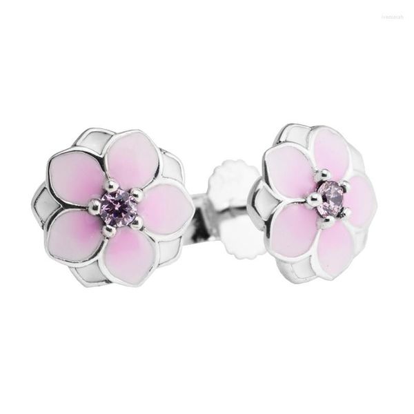 Boucles d'oreilles à tige Magnolia Bloom pour femme Bijoux en argent sterling 925 Bijoux en cristal de fleur rose CZ