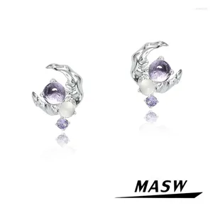 Pendientes de tuerca MASW, diseño Original, joyería elegante, sentido superior, cristal púrpura, luna chapada en plata gruesa para mujer, regalo para niña