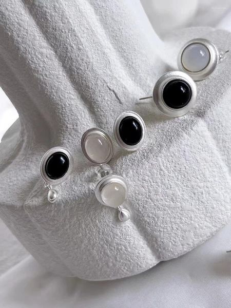 Boucles d'oreilles rondes en métal mat, noir, blanc, opale, pour femmes et filles, Vintage, mode INS, gros bijoux de fête, cadeau, 2024