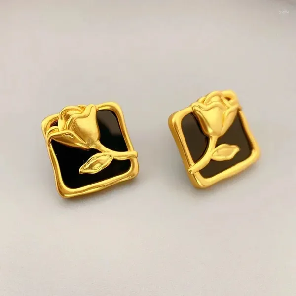 Pendientes de botón Medieval Mate Forma de rosa Ágata negra Retro 925 Aguja de plata Mujer