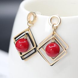 Orecchini a bottone MEETSOFT Trendy 925 Sterling Silver Retro Geometric Square Red Ball Drop Oro 18K Per le donne Classic Fine Jewelry