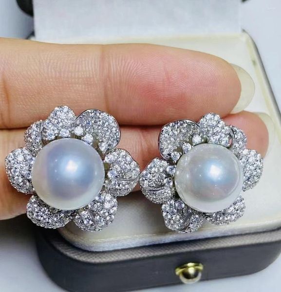 Pendientes de tuerca MeiBaPJ 12-13mm 925 Plata auténtica perla Natural de agua dulce flor grande joyería de boda fina para mujer