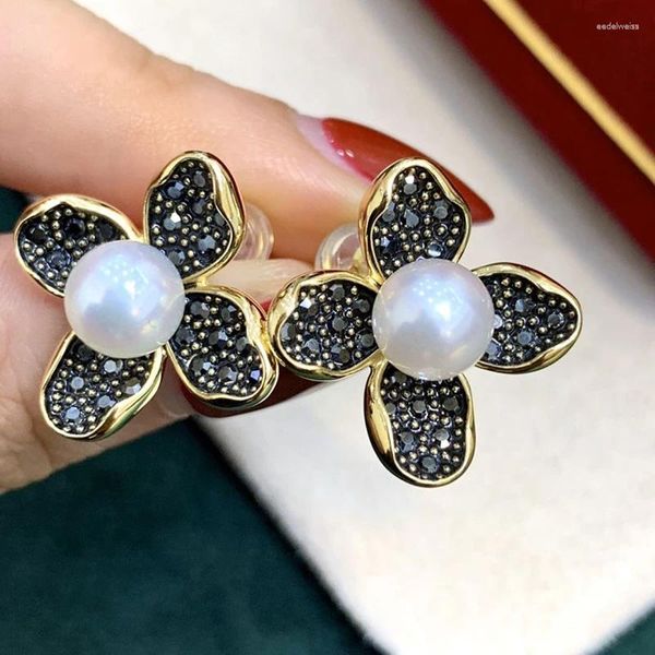 Pendientes MeiBaPJ de 7-8mm, perlas blancas naturales, circonitas negras a la moda, flor de plata auténtica 925, joyería de boda fina para mujer