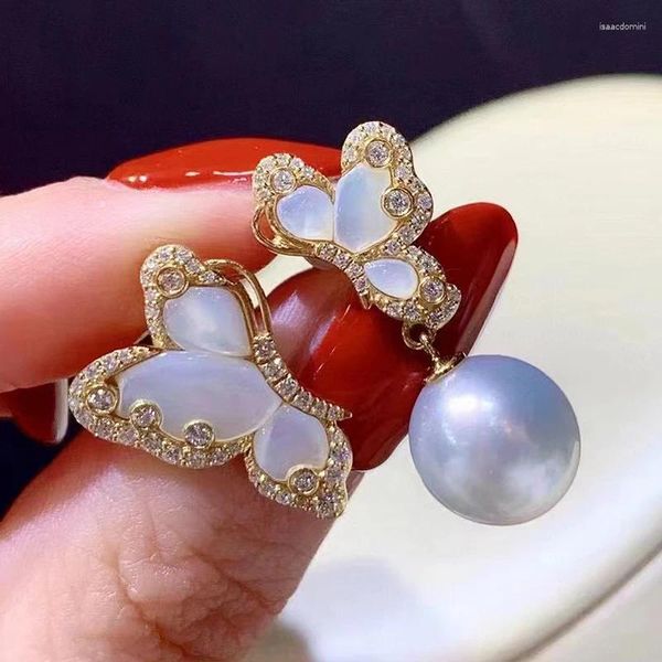 Pendientes MeiBaPJ de 9-10mm con perlas blancas naturales, joyería de boda fina de plata auténtica 925 asimétrica con mariposa a la moda para mujer