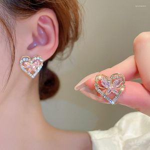 Boucles d'oreilles MENGJIQIAO mode coréenne coeur creux rose Zircon pour femmes filles été Mori boucle d'oreille Brincos bijoux cadeaux