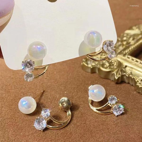 Pendientes de tuerca con perlas de sirena para mujer, aretes de circonita brillante, joyería de moda elegante romántica francesa para banquete y boda