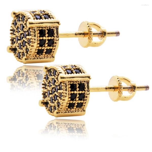 Boucles d'oreilles Micro pavé noir CZ pierre scintillante Hip Hop, couleur or, matériau cuivre rond pour hommes, bijoux Rock