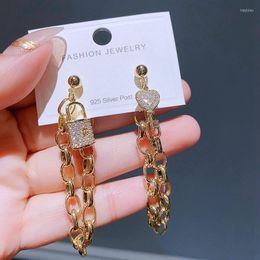 Stud Pendientes MIGGA Luxury Cubic Zirconia Lock Key para mujer Chapado en oro Cadena larga Borla Joyería
