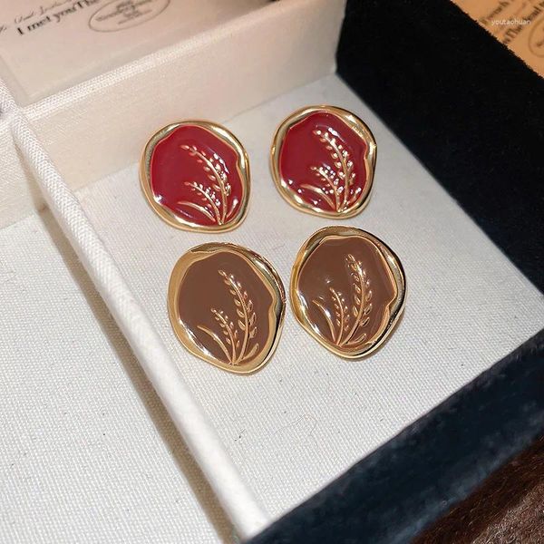 Pendientes de tuerca Minar temperamento Color café rojo esmalte oreja moneda redonda para mujer aleación chapada en oro joyería al por mayor