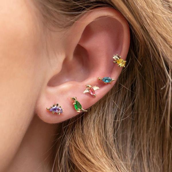 Boucles d'oreilles Mini forme de dinosaure mignon avec zircone cubique colorée pour femmes filles plaqué or petit Animal boucle d'oreille Piercing