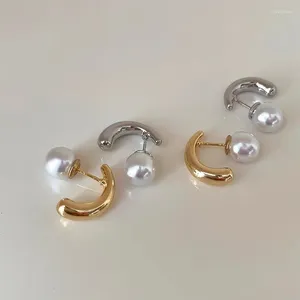 Stud -oorbellen Minimalistische gouden zilveren kleur metalen textuurlijn Imitatie Pearl voor vrouwen Koreaanse modeschroef buckle sieraden