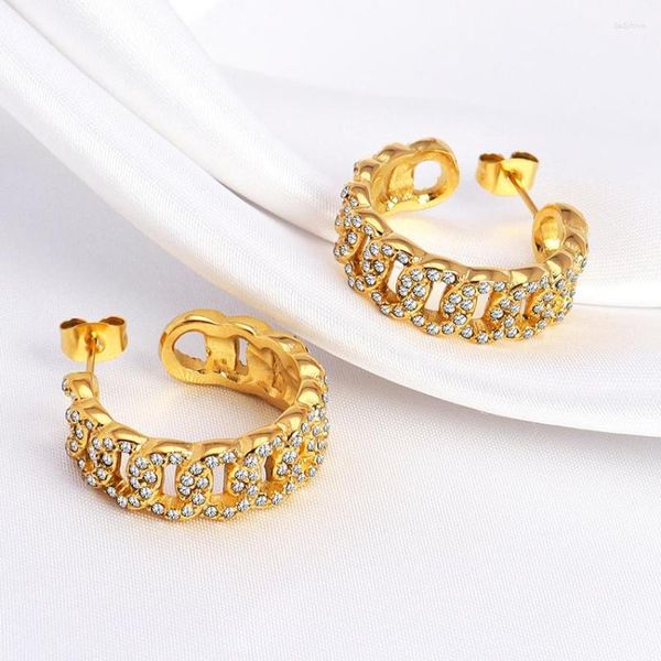 Boucles d'oreilles à tige Minos Dainty Brass Zircon CZ Hoop 18K Gold Plated Iced Out Chaîne à maillons cubains