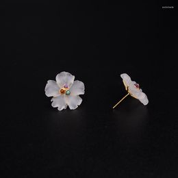 Stud-oorbellen miqiao 2023 Originele grote natuurlijke witte kristal lelies bloemen handgesneden vrouwen 925 sterling zilveren sieraden vrouw