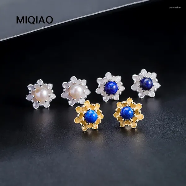 Boucles d'oreilles MIQIAO S925 Lapis argenté lazuli pour les femmes de style ethnique bijoux de fleurs design