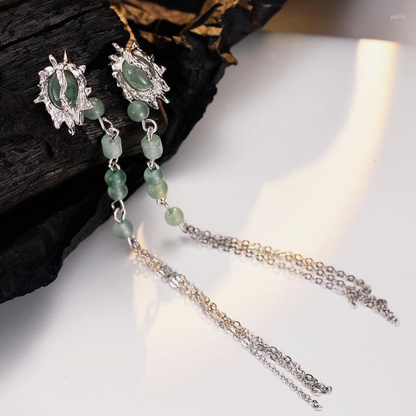 Boucles d'oreilles à tige MLKENLY Style chinois gland femme S925 argent Sterling Texture vert Dongling Jade chaîne bande détachable