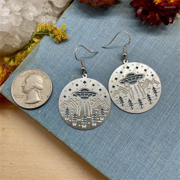 Boucles d'oreilles à tige moderne texturé creux pin forêt collines étoile UFO pendentif mode personnalité femmes métal cadeau bijoux