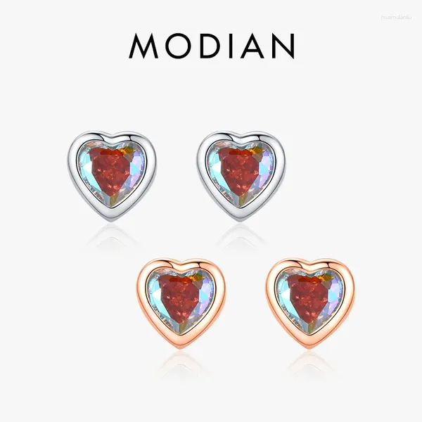 Pendientes de semental Modian 925 STERLING SIMPLE Simple Tiny Hearts Multicolor Zirconia Charm Joyería de color de oro rosa Rose para mujeres