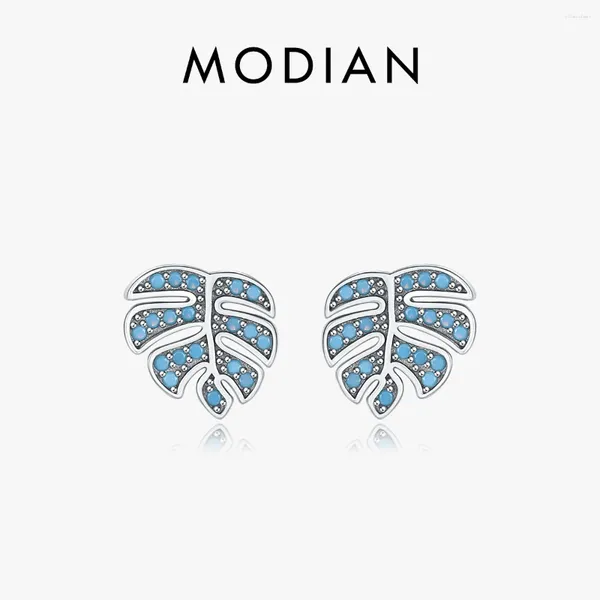 Pendientes de semental Modian Pure 925 STERLING STERLING Natural Blue Turquesa Hojas para mujeres Planta de diseño original Serie Fina Joyería