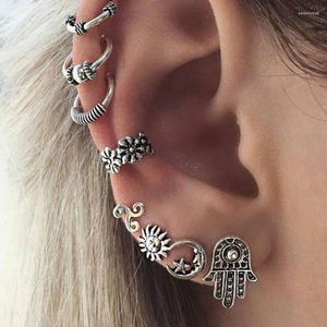 Boucles d'oreilles Modyle 8pc / Set Bohemia Moon Sun Sun Hand Design Eore pour femmes Antique Silver Color Chandle Piercing