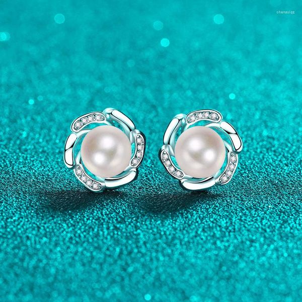 Boucles d'oreilles à tige en argent Sterling 925, perle de Moissanite et fleur pour femmes, clous d'oreille naturels plaqués platine