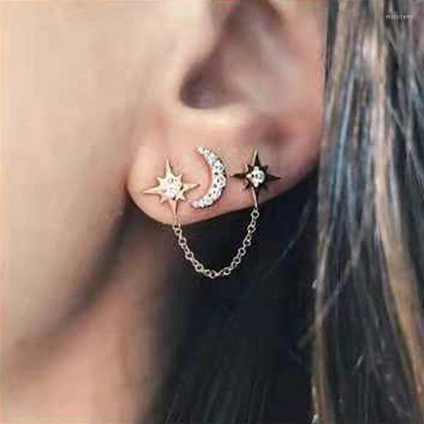 Boucles d'oreilles à clous lune étoile strass longue chaîne pour femmes brillant soleil croissant géométrique gland Piercing boucle d'oreille bijoux de fête