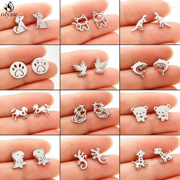 Pendientes de tuerca múltiples animales de acero inoxidable para mujer, pendientes únicos de dinosaurio, golondrina, tiburón, lagarto, joyería de moda Oorbellen