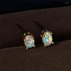 Stud -oorbellen mystieke regenboogvuur opaal schattig klein wit blauw klein ovaal geboortesteen vintage gouden kleur voor vrouwen