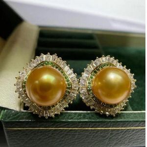 Boucles d'oreilles à tige en or naturel 11-10mm, perle ronde de la mer de Chine méridionale 925S-