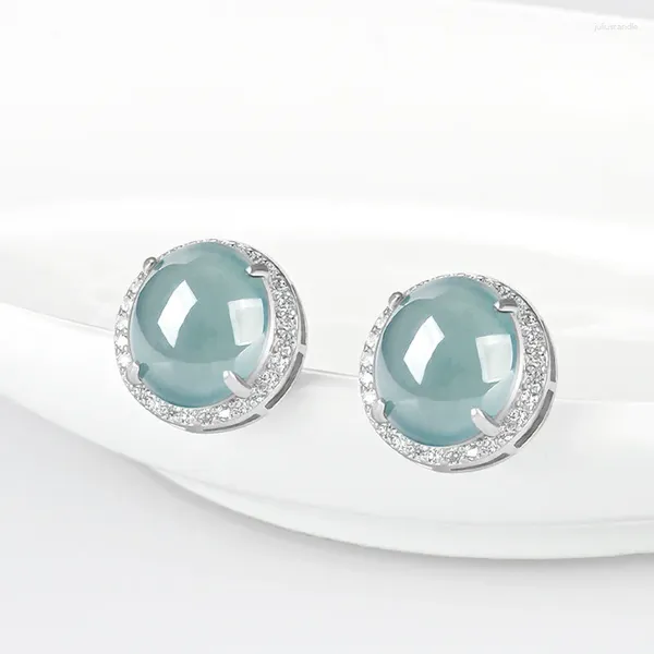 Boucles d'oreilles en Jade naturel de qualité A, visage d'œuf d'eau bleu avec jadéite S925 incrustée d'argent, bijoux cadeaux de haute qualité pour femmes