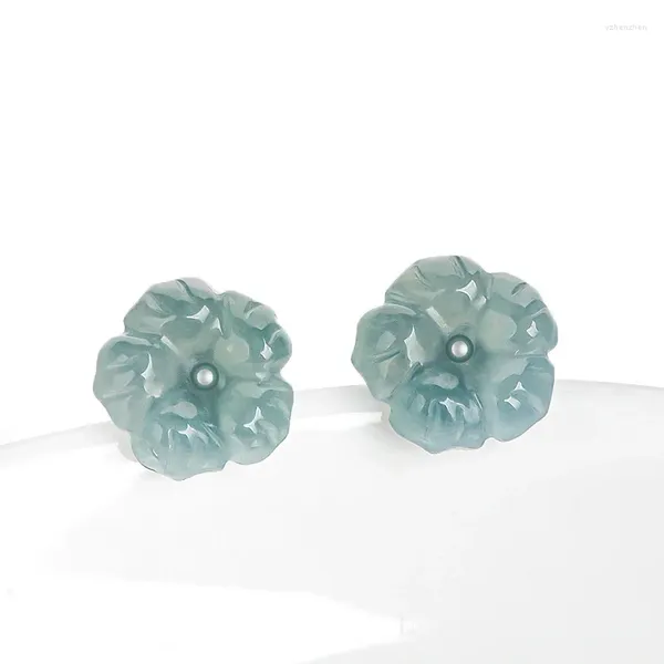 Boucles d'oreilles en jadéite naturelle de qualité A, fleur de pêche bleue avec graines de pétales de Jade, argent S925 incrusté, bijoux de Style Antique pour femmes