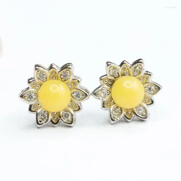 Boucles d'oreilles en ambre naturel pour femmes, accessoires de bijoux fins, véritables perles d'ambre de la baltique, Zircon tournesol, boucle d'oreille à aiguille en argent