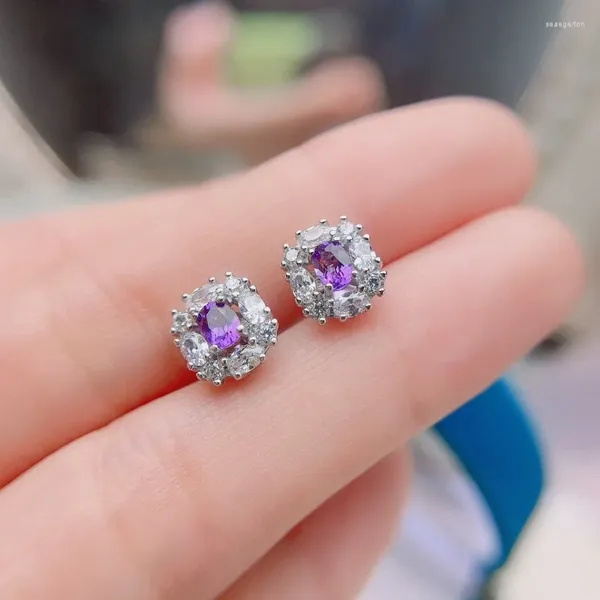 Boucles d'oreilles étalons Amethyste naturel pour femmes Real 925 Silver Silver Vintage Femme Gift Empêcher les allergies Fine Jewelry Stone