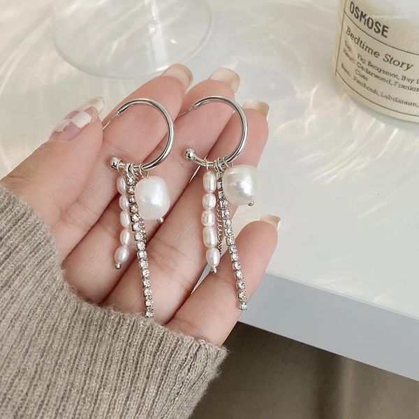 Boucles d'oreilles baroques naturelles, perles d'eau douce, cristal brillant, glands à aiguilles en argent 925 pour femmes, vente en gros de bijoux