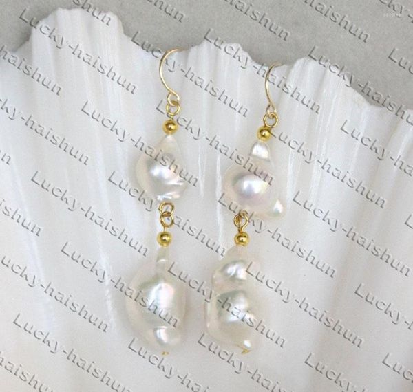 Boucles d'oreilles pendantes naturelles baroques, 2 pouces, 18mm, perles Keshi Reborn blanches, crochet 14KT C522