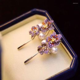 Boucles d'oreilles Boucles d'oreilles en perle d'eau douce naturelle pour femmes Ensemble de bijoux fins avec style de fleur de zircon