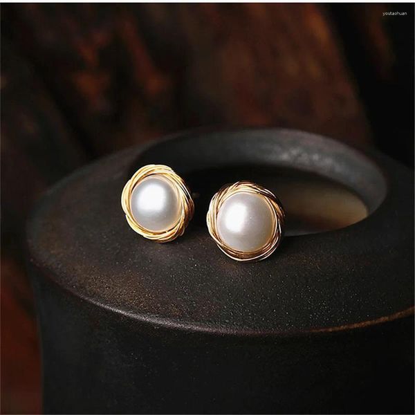 Boucles d'oreilles en perles d'eau douce naturelles plaquées or 14K pour femmes, bijoux élégants en argent Sterling 925 à remontage manuel
