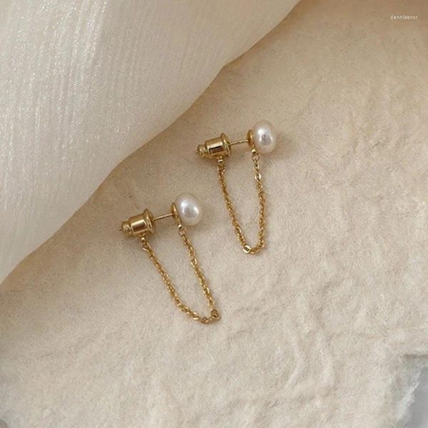 Boucles d'oreilles à tige en perles d'eau douce naturelles, dos en or 14 carats, mode à pompon Long