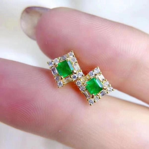 Boucles d'oreilles clous naturel vert émeraude pierre précieuse élégant joli petit carré PillowS925 argent fille cadeau bijoux