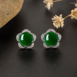 Oorknopjes Natuurlijke Groene Jade Bloem 925 Zilveren Agaat Chinese Handgesneden Mode Charme Sieraden Accessoires Amulet Geschenken Voor Vrouwen