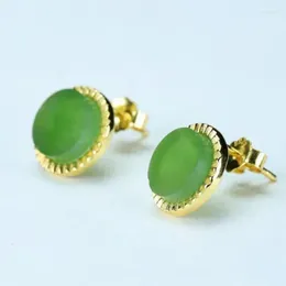 Boucles d'oreilles rondes en Jade vert naturel pour femmes, bijoux en argent Sterling 925, néphrite chinoise, Jades Hetian, clous d'oreilles dorés
