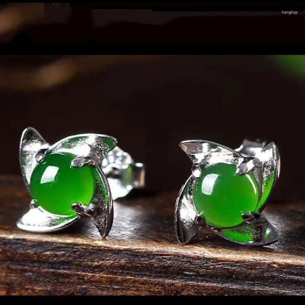 Pendientes de tuerca de jade hetiano natural con incrustaciones de plata 925, gran molino de viento, modelo Jasper, boutique para mujeres