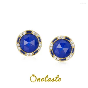 Oorknopjes Natuurlijke Lapis Lazuli 925 Zilver Vergulde Zirkoon Rond Voor Dames Minimalisme Eenvoudige Blauwe Steen Chic Oorbel 2024