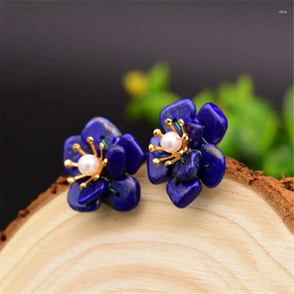 Boucles d'oreilles en argent Sterling 925, perle naturelle, Lapis Lazuli, fleur, Design, bijoux Vintage européens et américains pour femmes