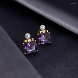 Boucles d'oreilles à tige perle d'améthyste violette naturelle pour les femmes plaqué or 18K 925 bijoux en argent Sterling cristal de fête de mariage